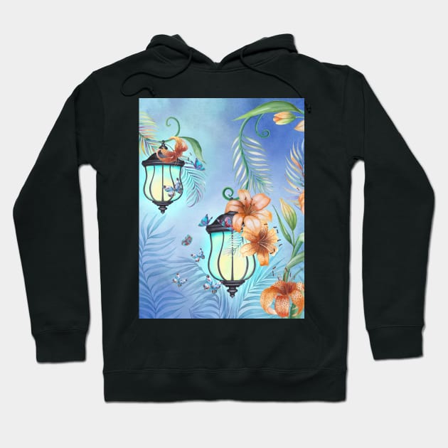 Vintage streetlights with Lily flowers and tropical leaves ornament. Magic floral scenery. Fairy spring garden watercolor illustration Hoodie by likapix